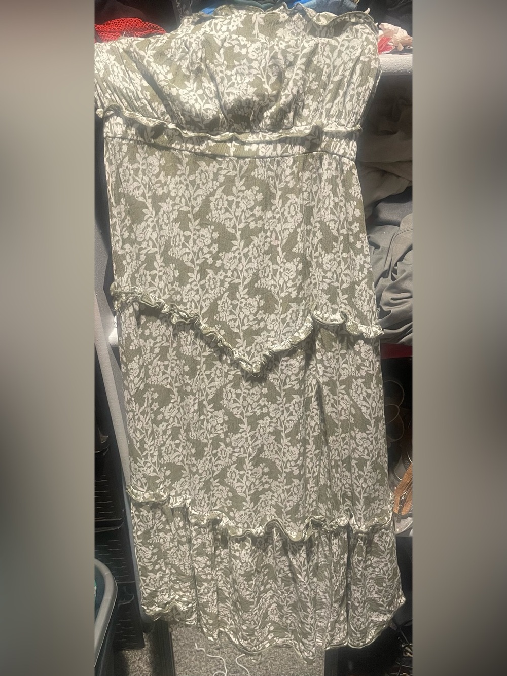 Strapless Olive Green Floral Ruffle Maxi Dress
